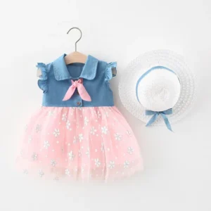 Colorful Blue Pink with Cap Dress for Cute Girl - New Summer Girl Baby Frock Style Dress (0-2 Years Old)