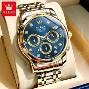 OLE_VS 2889 Men's Watch Waterproof Diamond set Dial Chronograph Luminous Calendar Stainless Steel Strap with Gift Box